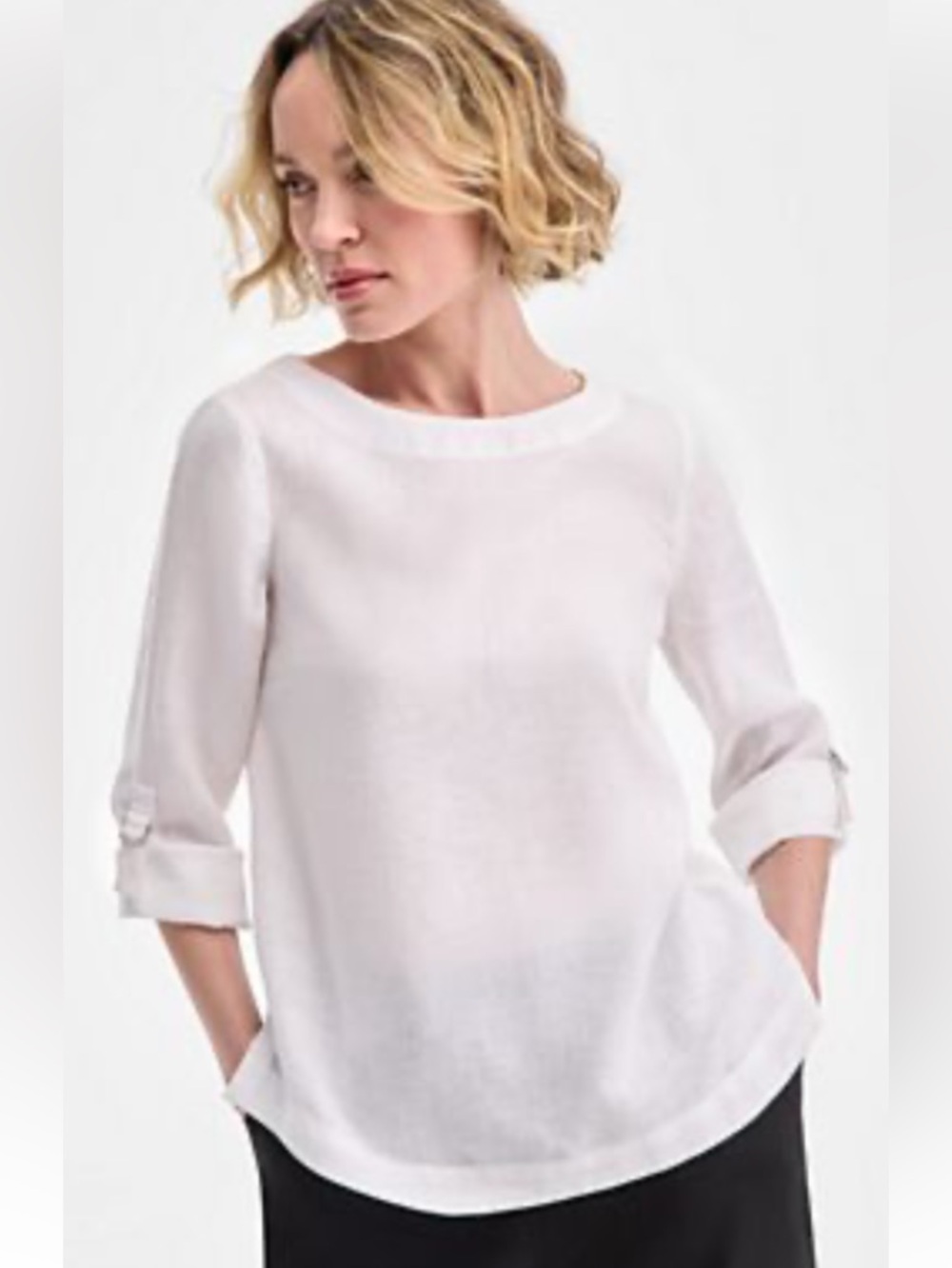 New 100% Linen Charter Club luxury White Round Neck Roll-Sleeve Blouse Size S - Picture 3 of 10